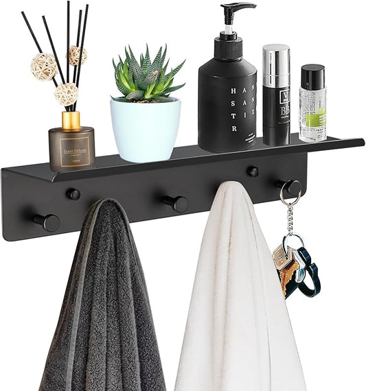 Bathroom Towel Rack Wall Mounted, Rustproof Aluminium Shelf with 5 Bath Robe Hook, Decor Display Storage, Hot Tub Accessories, Hanging Hanger for Hat, Key, Bag Holder, Bathtub