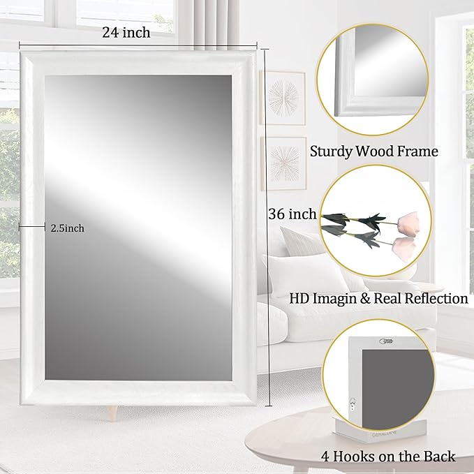 CULER White Wood Wall Mirror for Bathroom,Rectangle Rustic 24 x 36 inch Hanging Vanity Mirrors with Wooden Frame for Living Room,Bedroom,Entryway (24x36 inch, White)