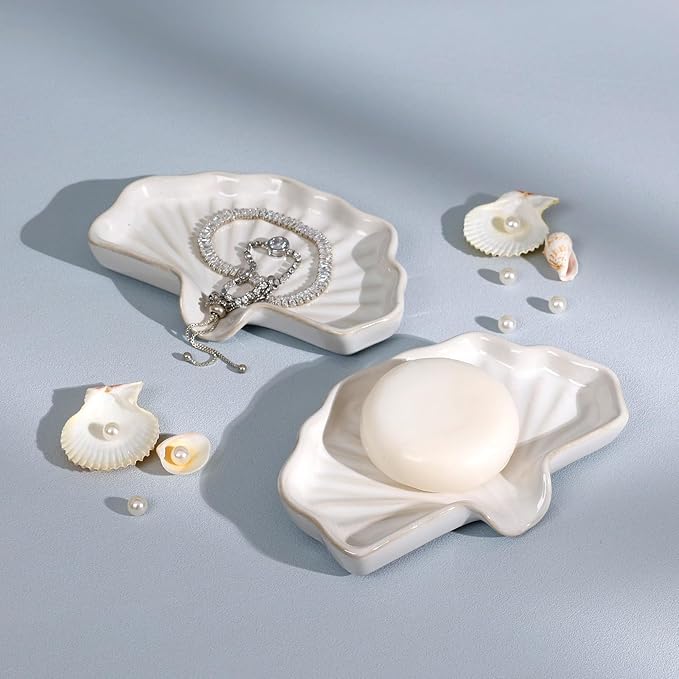 Soap Dish, Bar Soap Holder Self Draining Shell Shape Soap Dishes, White Ceramic Drain Soap Holder for Sink Bathroom Shower Kitchen, Easy to Clean Keeps Soap Dry, ANTIS'S HOME