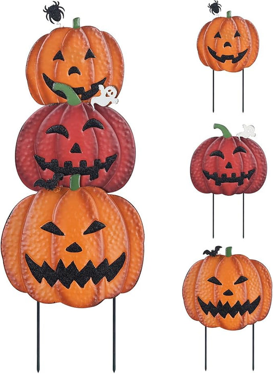 Hogardeck Halloween Decorations: 34" Garden Stakes with 3 Pumpkins & Jack O Lantern Metal Yard Signs for Lawn, Patio & Party