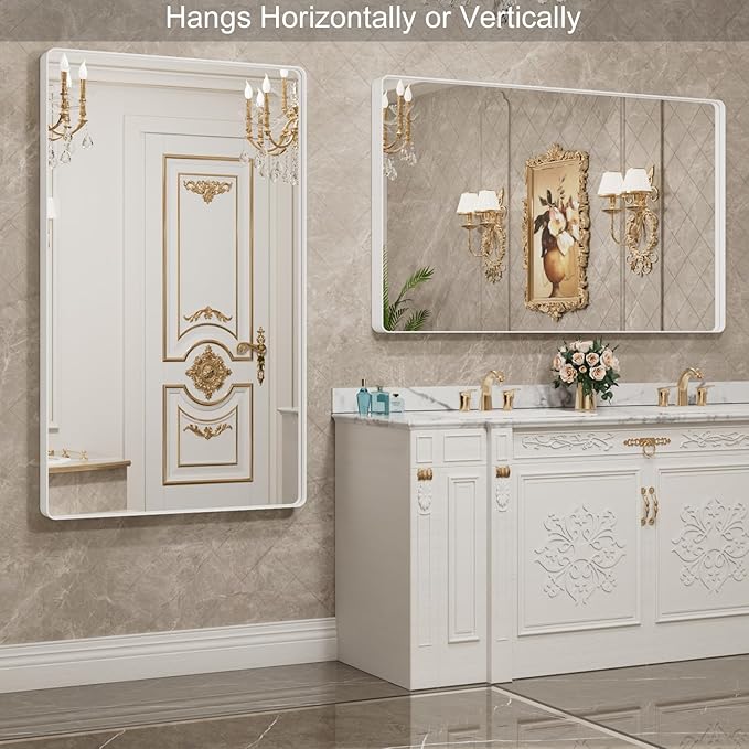 LOAAO 60x36 Inch White Metal Framed Bathroom Mirror for Wall, White Bathroom Vanity Mirror Farmhouse, Large Rounded Rectangle Mirror, Anti-Rust, Tempered Glass, Hangs Horizontally or Vertically