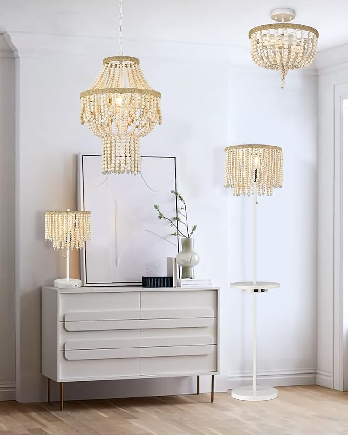 ELYONA Boho Standing Light Birch Wood Beaded Table Floor Lamp with USB Type-C Charging Ports and Outlet, 58" Tall Reading Lamp, Side Table Lamp for Farmhouse Bedroom Livingroom Girl Room, White