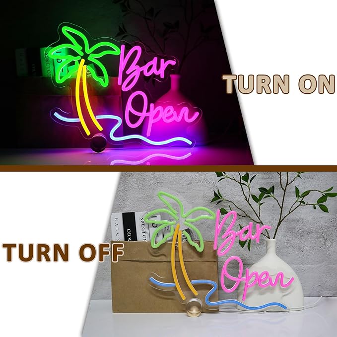 Bar Open Sign for Business, Neon Open Sign, USB Dimmable Palm Tree Neon Lights for Beer Bar Coffee Cafe Home Pub Man Cave Stores Hotel Party Window Wall Decor Restaurant
