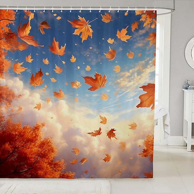 Feelyou Maple Leaf Shower Curtain Autumn Fabric Shower Curtain for Kids Nutrue Theme Bathroom Waterproof Accessories with 12 Hooks Women Men Sky Cloud Curtains,72x78 Inches