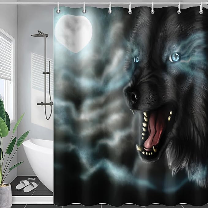 AILONEN Howling Wolf Shower Curtain,Cloud Moon Wolf Bath Curtain,Wildlife Wolf Polyester Waterproof for Bathroom,60" W*72" H with 12 Plastic Hooks