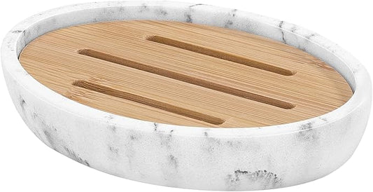 Luxspire Soap Dish Tray, Resin Soap Dish, Bamboo Soap Bar Holder Box for Shower Kitchen Sink, Double Layer Draining Soap Container Box, Wood Case, Bathroom Marble Pattern Tray, Gravel White