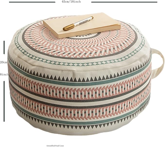 MOCOFO Round Geometric Pattern Pouf Cover with Zipper 18"x18"x8" Storage Canvas Ottoman Seat Footrest for Living Room Bedroom Kids Room Pastel Home Decor