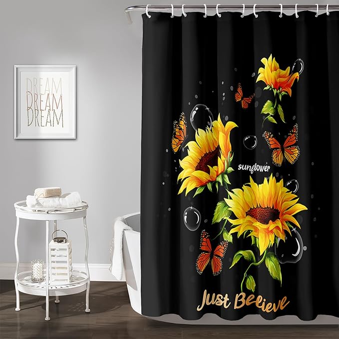 AILONEN Sunflower Shower Curtain for Bathroom,Butterfly Sunflower Bath Curtain Waterproof,Garden Yellow Flower Decor Bathroom Black Curtain with 12 Plastic Hooks, 48" W x 72" H