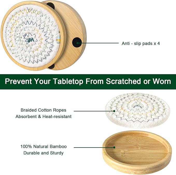 5 Pack Bamboo Wood Drink Coasters, Absorbent, 4.3 Inch Round Coasters for Coffee Tables, Kitchen, Farmhouse, and Office (White Series)