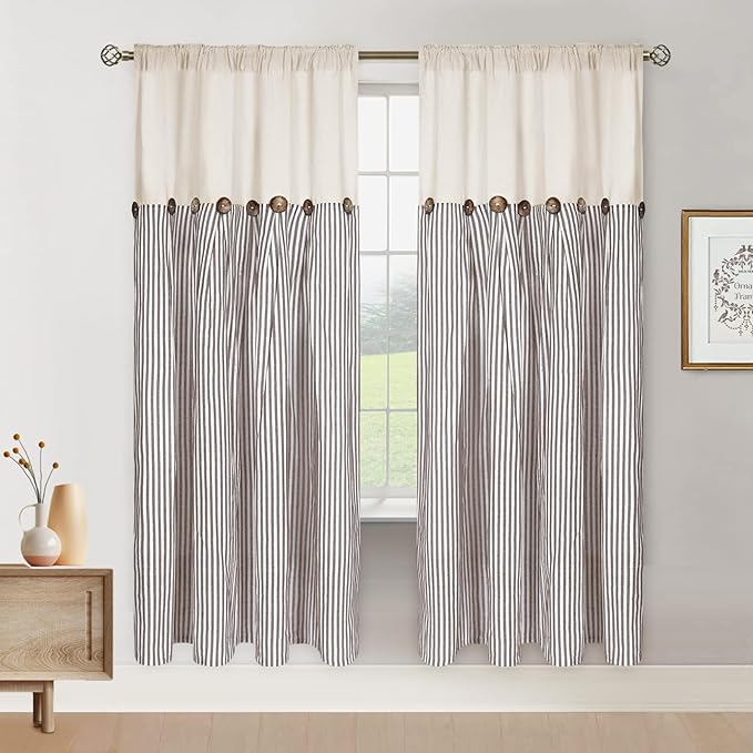 ASPMIZ Cotton Linen Farmhouse Curtains Boho Rustic Button Panel, Country Window Curtain Panels, Brown Stripe Modern Curtains for Living Room, Back Tab & Rod Pocket Curtain 52 x 63 Inch, 2 Panels