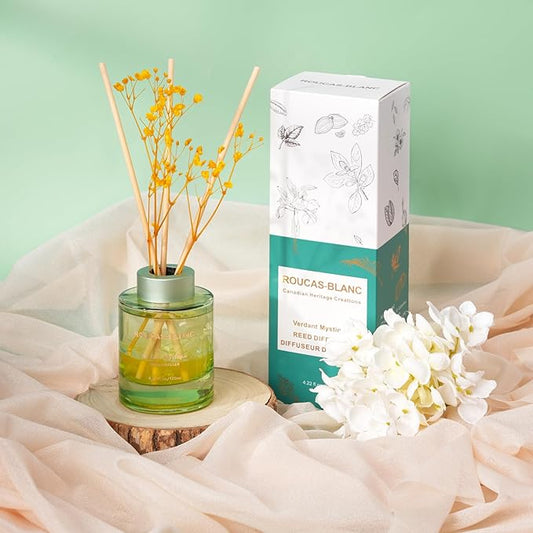ROUCAS BLANC Reed Diffuser Set with Preserved Flowers, Green Leaves Scented Diffuser with Sticks, Room Decor & Bathroom Decor, Aromatherapy Home Fragrance Diffuser Gift (Verdant Mystique)