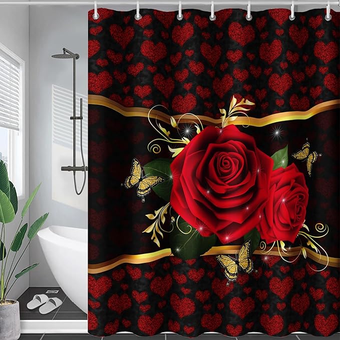 AILONEN Red Rose Shower Curtain for Bathroom, Romantic Flower Rose 3D Printed Valentine Wedding Bathroom Decor Hearts Curtain,72" W*78" H Polyester Waterproof Bath Curtain with 12 Hooks