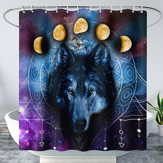 AILONEN Wolf Shower Curtain,Boho Moon Wolf Bath Curtain for Bathroom Decor,Galaxy Wolf Polyester Waterproof Whit Plastic Hooks 36" W*72" H