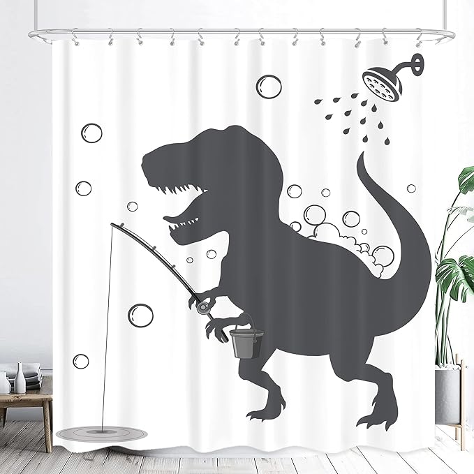LGhtyro Dinosaur Funny Dino Kids Shower Curtain Bathroom Set 60Wx71H Inches Boys Animal Shadow Cartoon Silhouette Bath Accessories Black White Art Art Home Decor Fabric 12 Pack Hooks