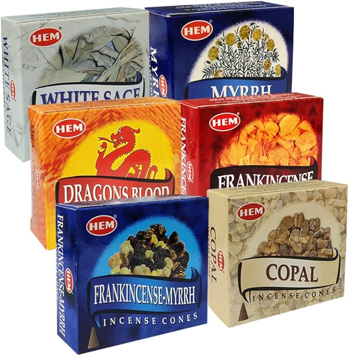 Hem Incense Cones Variety Pack #4 and Inscents-Cones Burner Holder with 6 Most Popular Fragrances - Dragons Blood, Frankincense, Myrrh - Total 60 Scented Cone Incense (6 Scents x 10 Conos)