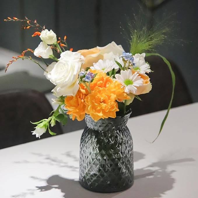OFFIDIX Glass Vase, 6.5 * 4.5in Large Mouth Shape Geometric Faceted Design Flower Vase for Weddings,Events,Decorating,Office,Home Decor