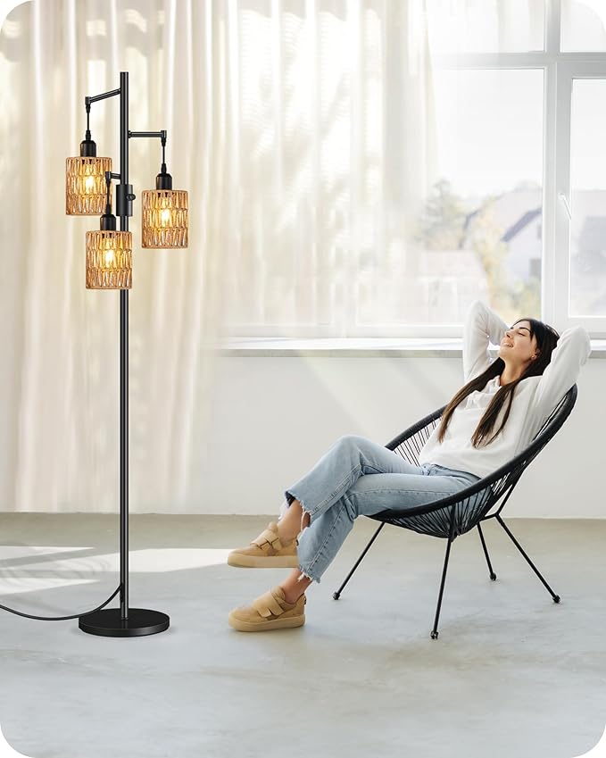 Dimmable Floor Lamp, Farmhouse Tall Standing 70.3" Tree Lamp with 3 Rope Woven Lampshades, Boho Rattan Floor Lights, 4W 3 LED Bulbs Included, for Living Room, Bedroom, Study, Office B03LD05
