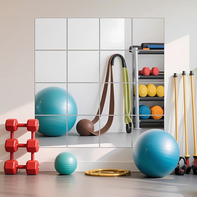 Ruomeng Home Gym Mirrors 12" x 12" x 16Pcs Wall Mounted Mirror Glass Frameless Full Length Mirror Tiles for Home Gym, Bedroom, Door & Bathroom