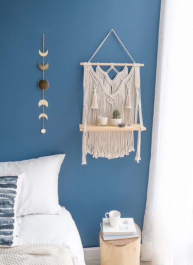 Mkono Macrame Wall Hanging Shelf Boho Decor Wood Floating Shelf for Bedroom Living Room Nursery Bathroom, Handmade Woven Rope Storage Rack for Photo Frames Plant Display