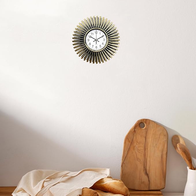 Small Wall Clock 10 Inch, Bronze Analog Battery Operated Wall Clock Vintage Starburst Decorative Clock for Living Room Decor, Bathroom, Kitchen, Office