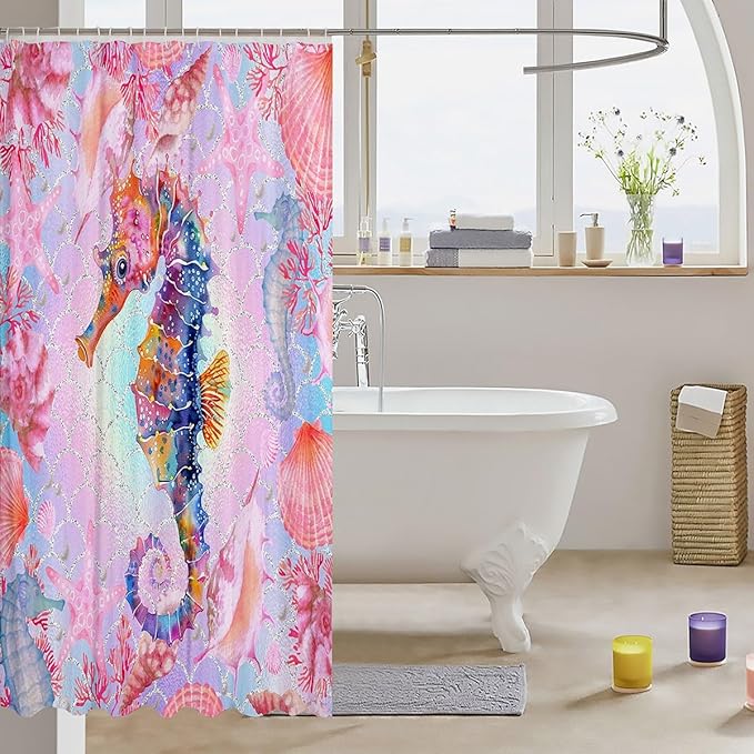 Feelyou Colorful Seahorse Shower Curtain Ocean Themed Fabric Shower Curtain for Kids Shells and Corals Bathroom Waterproof Accessories with 12 Hooks Pink and Blue Ombre Curtains,72X72 Inches