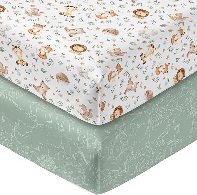 Horaldaily 2 Pack Fitted Crib Sheet for Boys Girls,Soft Breathable Washable Jersey Microfiber Baby Crib Sheet, Fits Standard Size Crib Mattress 28in x 52in, Cute Animals Nursery Sheet Green/White