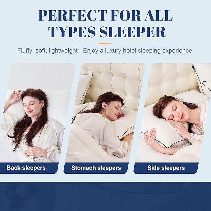 Goose Down Pillows Queen Size Set of 2, Luxury Hotel Collection Bed Pillow 2 Pack, Airyfil™ Powered Fillings & Feather Pillow，Soft Fluffy for Side, Back, Stomach Sleepers 20"x30"