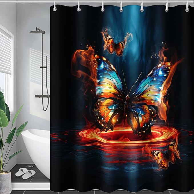 AILONEN 3D Butterfly Shower Curtain,Fire and Ocean Butterfly Bath Curtain 72" W*72" H,Modern Abstract Art Butterfly Print Waterproof Bathroom Curtain with 12 Plastic Hooks for Girls Women