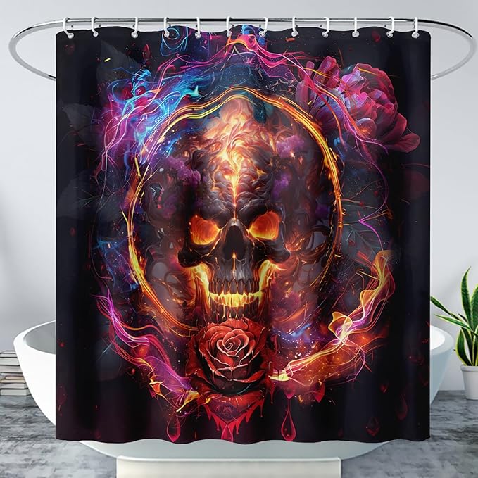 AILONEN Gothic Skull Shower Curtains for Bathroom,Red and Black Skeleton Sugar Skull Bath Curtain,Romantic Rose Flower Goth Skull Decor,Boys Men Curtain 12 Plastic Hooks Waterproof, 72" W x 96" H