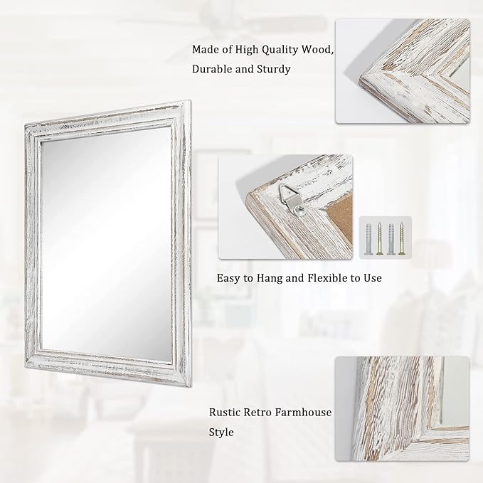 Wall Mirror with Rustic Wood Frame Rectangle Hanging Mirrors for Wall Decorative for Bathroom Bedroom Farmhouse Living Room Entryway Small