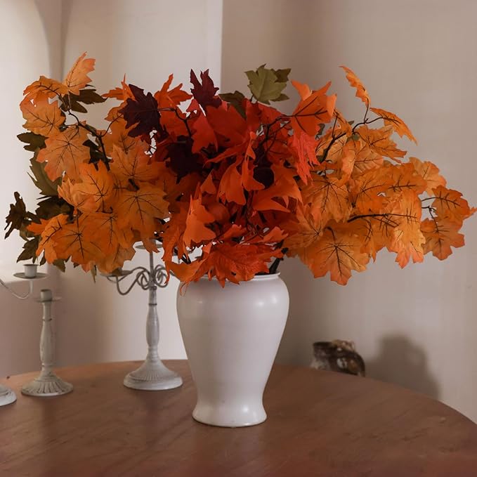 MISSPIN Artificial Fall Maple Leaves Stems, 8 PCS Fall Decorations for Indoor Outdoor Halloween Thanksgiving Farmhouse Arrangement Decorations for Front Door Wedding Centerpieces in Autumn