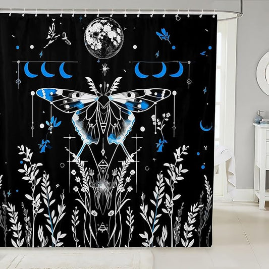 Feelyou Goth Moth Fabric Shower Curtain Bohemian Moth Floral Shower Curtain Kids Boys Girls Moon Bathroom Waterproof Accessories with 12 Hooks Boho Exotic Style Black Blue Decor Curtains,72x78 Inches