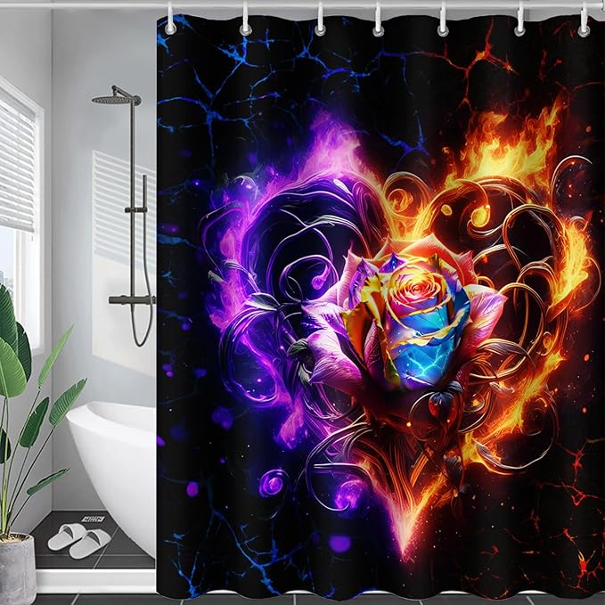 AILONEN Rose Shower Curtain for Bathroom,Purple Red Flame Fire Rose Hearts Print Bath Curtain,Modern Print Decoration Waterproof Shower Curtain with 12 Plastic Hooks, 72" W*84" H