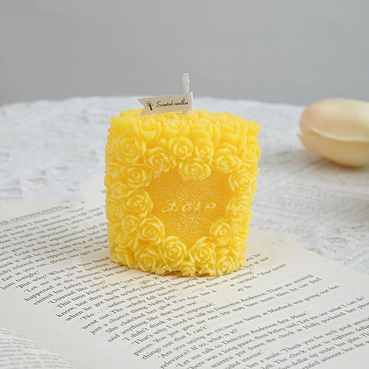 Rose Flower Clusters Aesthetic Scented Candle,Love Heart Handmade Soy Wax Aroma Decorative Candle for Table Photo Prop Valentine's Day Wedding Birthday Gift,Prefect for Meditation Stress (Yellow)