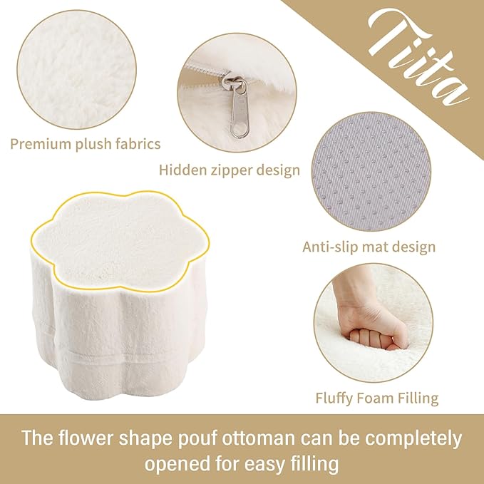 Tiita Floral Pouf Ottoman, Foot Stools Ottoman with Foam Chunk Filling, Puff Foot Rest for Couch, Living Room, Kids Room, Cream