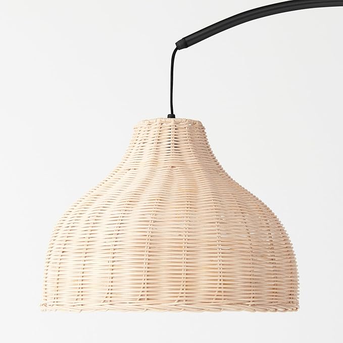 Brightech Lark Standing LED Floor Lamp for Bedroom, Living Room, Office - Modern Tall Corner Arc Lamp with Boho Hanging Rattan Shade - Bright Bedside Reading Light - Black