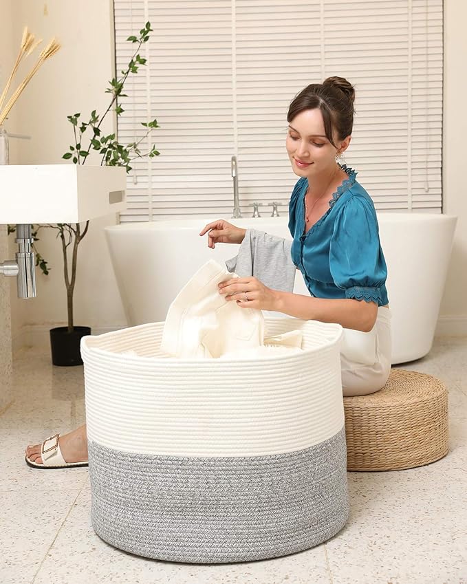 24" x 24" x 17" Max Size Large Cotton Rope Basket, Extra Large Storage Basket, Woven Laundry Hamper, Cloth Storage Bin, for Blankets Clothes Towels Pillows in Living Room, Grey Mix