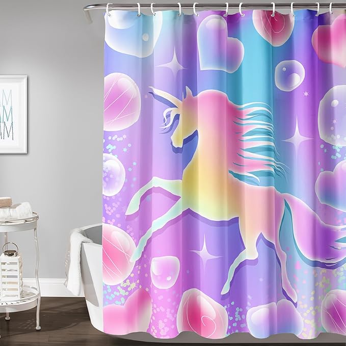 AILONEN Girls Unicorn Shower Curtain for Bathroom, Pink Hearts Rainbow Unicorn Bath Curtain,Cute Unicorn Kids Shower Curtain 36" W*72" H Polyester Waterproof Bathroom Curtain with 12 Hooks