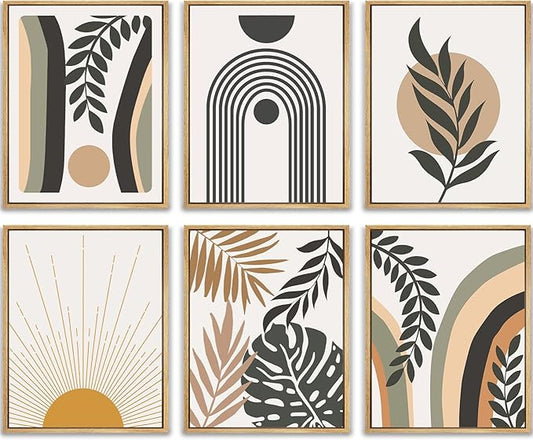 Drsoum Boho Wall Art Framed Boho Wood Wall Decor Mid Century Modern Canvas Wall Art Minimalist Abstract Boho Room Decor Bohemian Moon Phases Wall Painting For Bedroom Kitchen Office Home Decor 8x10in