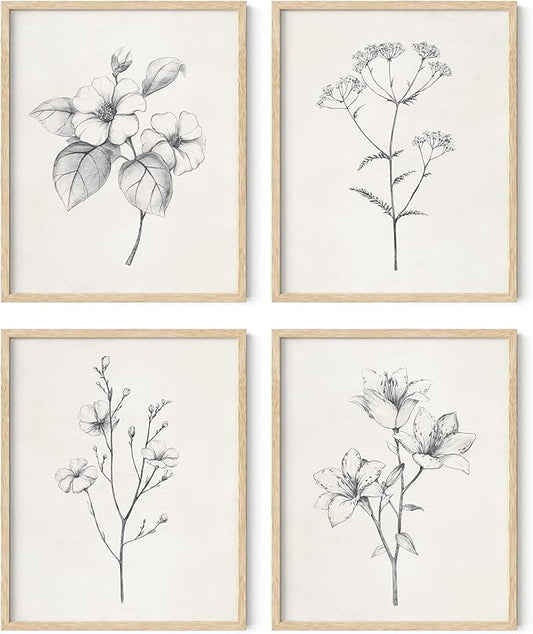 HAUS AND HUES Grey Floral Wall Art - Set of 4 Plant Posters for Wall Vintage, Botanical Prints, Black and White Flower Pictures for Room Aesthetic, Farmhouse Bathroom, Rustic Art (Beige Frame, 16x20)