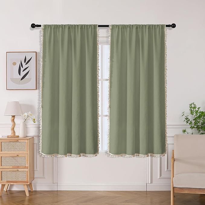 Joydeco Sage Green Boho Curtains 63 Inch Length 2 Panels, Super Soft Bohemian Farmhouse Curtains with Tassels, Semi Sheer Light Filtering Drapes for Bedroom Living Room (Rod Pocket, 52Wx63L)