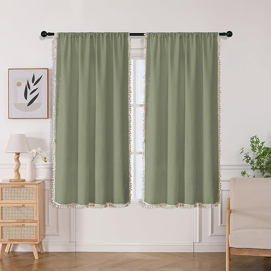 Joydeco Sage Green Boho Curtains 63 Inch Length 2 Panels, Super Soft Bohemian Farmhouse Curtains with Tassels, Semi Sheer Light Filtering Drapes for Bedroom Living Room (Rod Pocket, 52Wx63L)