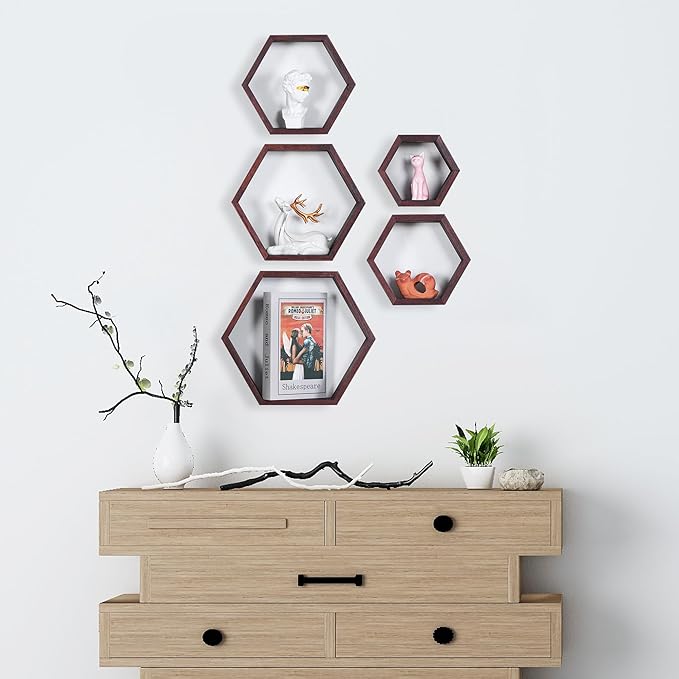 PHOENANCEE Hexagon Floating Shelves,Wall Mounted Wood Farmhouse Storage Honeycomb Wall Shelf Set of 5,for Bathroom, Kitchen, Bedroom, Living Room,Office,Driftwood Finish (Walnut)