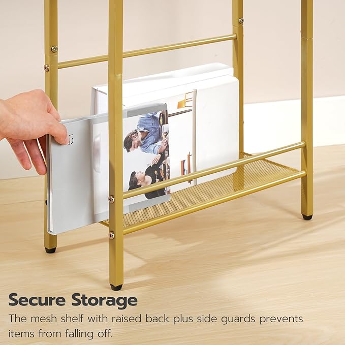 HOOBRO Small Narrow Side Table with Charging Station, Skinny End Table for Small Spaces, Slim Nightstand with USB Ports Outlet, Sofa Beside Table with Storage Shelf, White and Gold DW102UBZ01