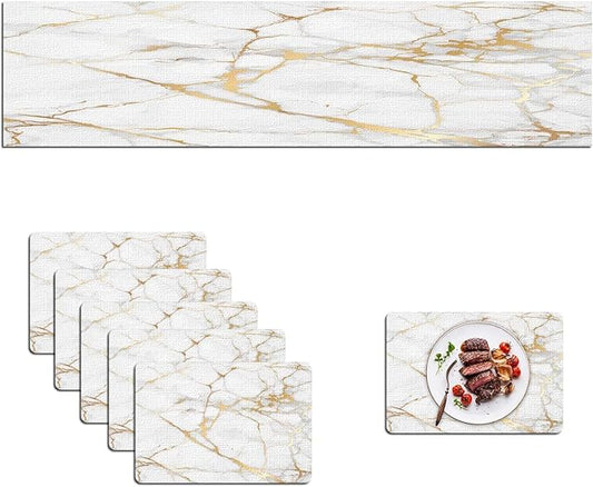 Mcalk Luxury Gold Marble Table Runner and Placemats Set of 6 Pieces, Gold Marble Placemats, Modern Cloth Place Mats Indoor for Kitchen,Washable Linen Material for Dining Table