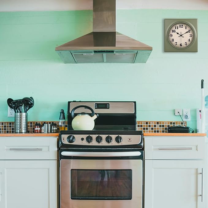 Vintage Wall Clock 1950s Style - Retro 50's Mid Century Square Wall Clocks Battery Operated for Kitchen Living Room Home Decor - 12 Inch, Olive Green