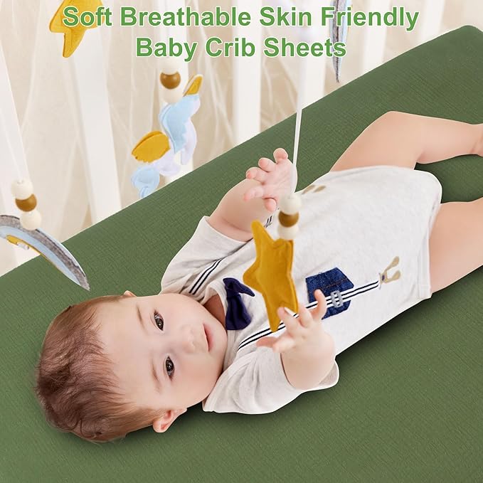 Muslin Fitted Crib Sheets for Girls & Boys-2 Pack 28"x 52" Soft Baby Mattress Sheet-No Slip Boho Neutral Breathable Toddler Cotton Bedding Olive Green & Beige Colors