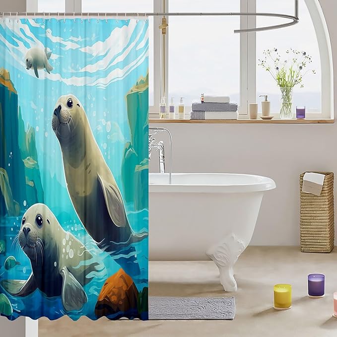 Feelyou Manatee Fabric Shower Curtain for Kids Boys Girls Cute Manatee Bathroom Waterproof Accessories with 12 Hooks Ocean Animal Shower Curtain Ocean Theme Curtains,72x72 Inches