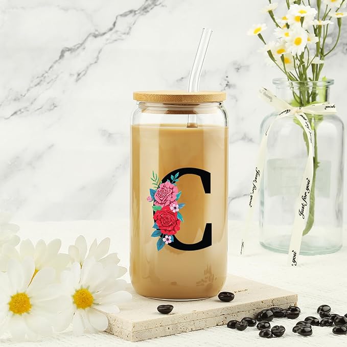 Gifts for Women, 16OZ Initial Glass Cups w/Lid Straw, Flower Tumbler, Aesthetic Cup, Monogrammed Iced Coffee Cup, Mother's Day, Birthday, Summer Break Gifts for Mom Daughter Sister Friend - Letter C