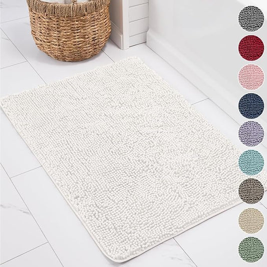 KANGAROO Bathroom Rugs, Chenille Soft Absorbent Bath Rug, Shaggy Shower Mat, Quick Dry Machine Wash Bathmat, Plush Carpet Mats for Tub, Bathtub and Room Home Decor Accessories, 30x20, White